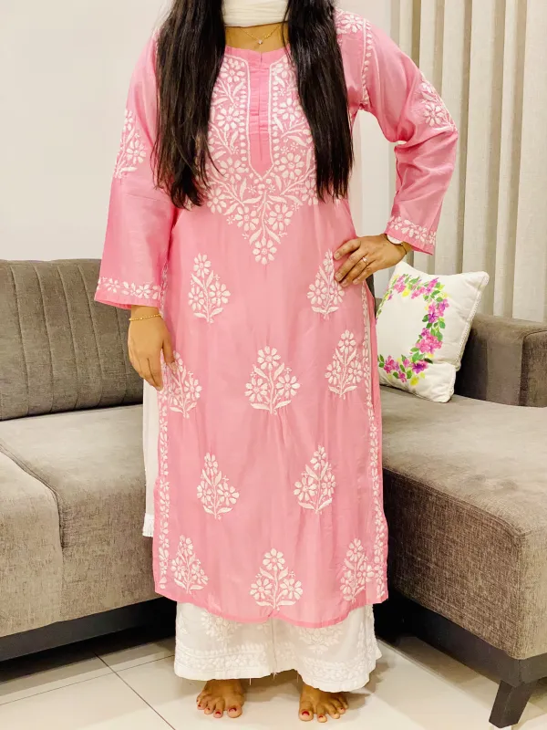 Premium Chanderi Chikankari Hand Embroidered Women's Solid Long Kurta