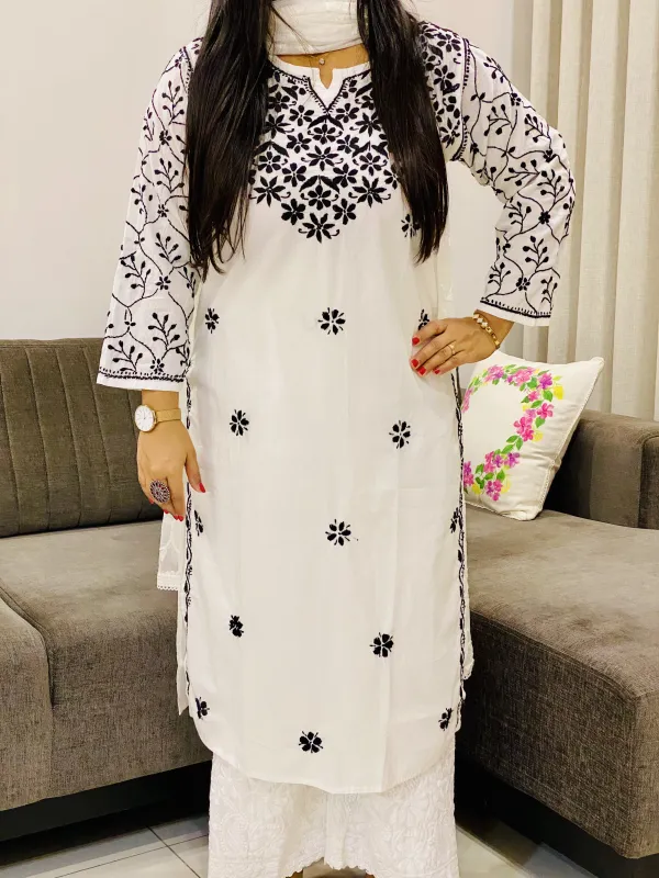 Mulmul Cotton Chikankari Hand Embroidered Solid Women's Long Kurta