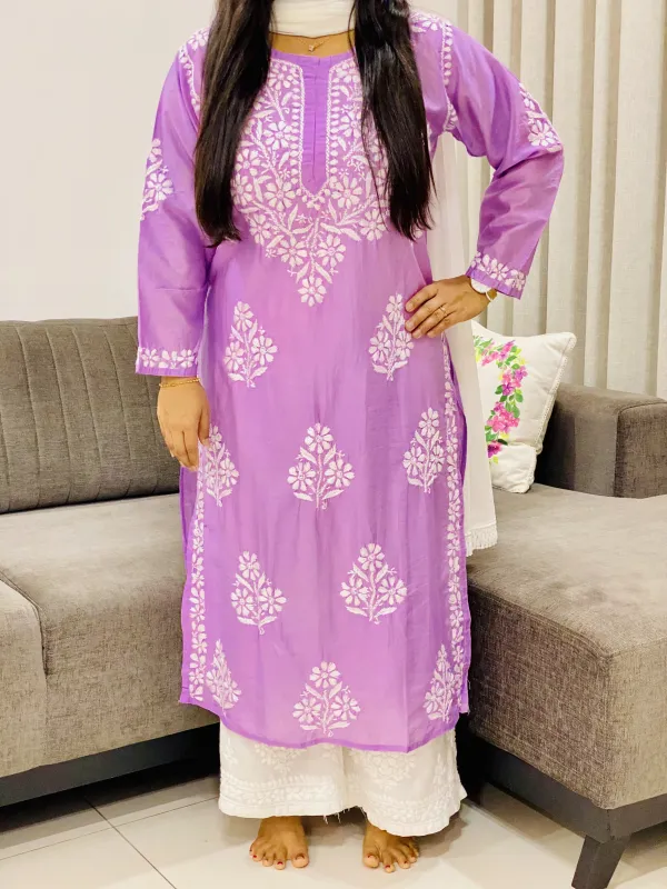 Premium Chanderi Chikankari Hand Embroidered Women's Solid Long Kurta