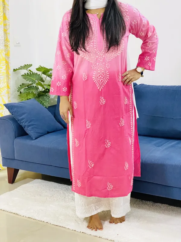 Cotton Chikankari Handwork Ombre Women's Long Kurta