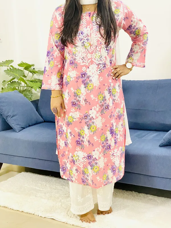 Mulmul Chikankari Hand Embroidered Women's Floral Long Kurta