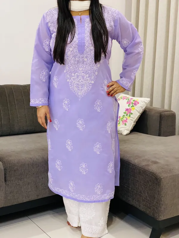 Voil Cotton Chikankari Hand Embroidered Women's Solid Long Kurta