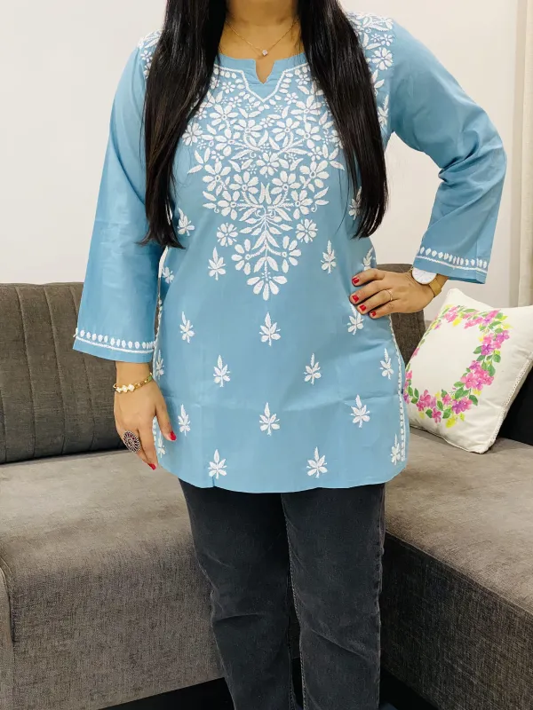 Cotton Chikankari Hand Embroidered Solid Women's Short Kurta