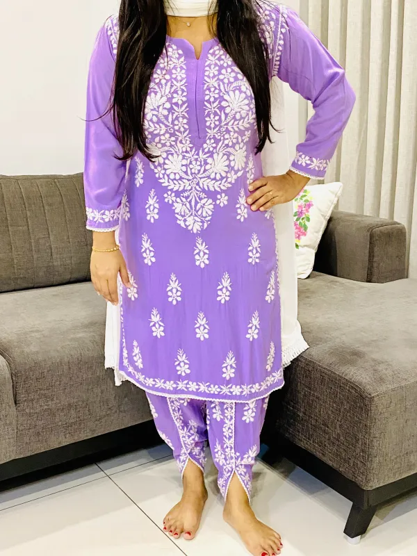 Premium Rayon Chikankari Hand Embroidered Solid Women's Kurta-Dhoti Set