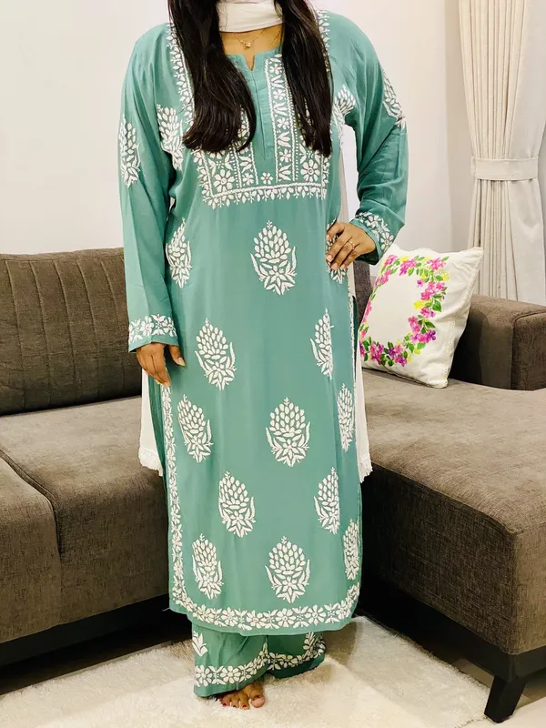 Premium Modal Chikankari Hand Embroidered Solid Women's Kurta Palazzo Set