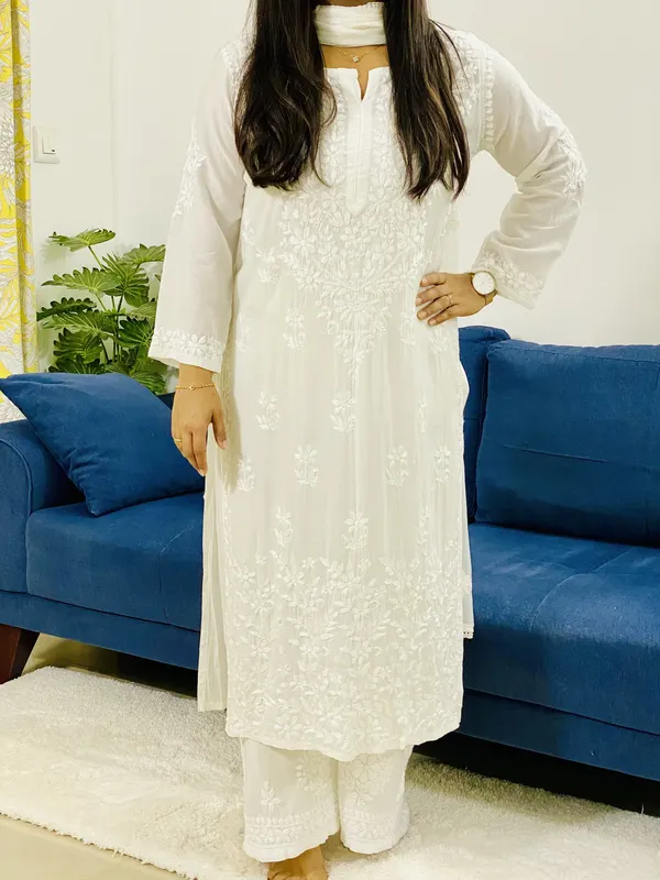 Premium Modal Cotton Chiknakari Hand Embroidered Women's Solid Long Kurta