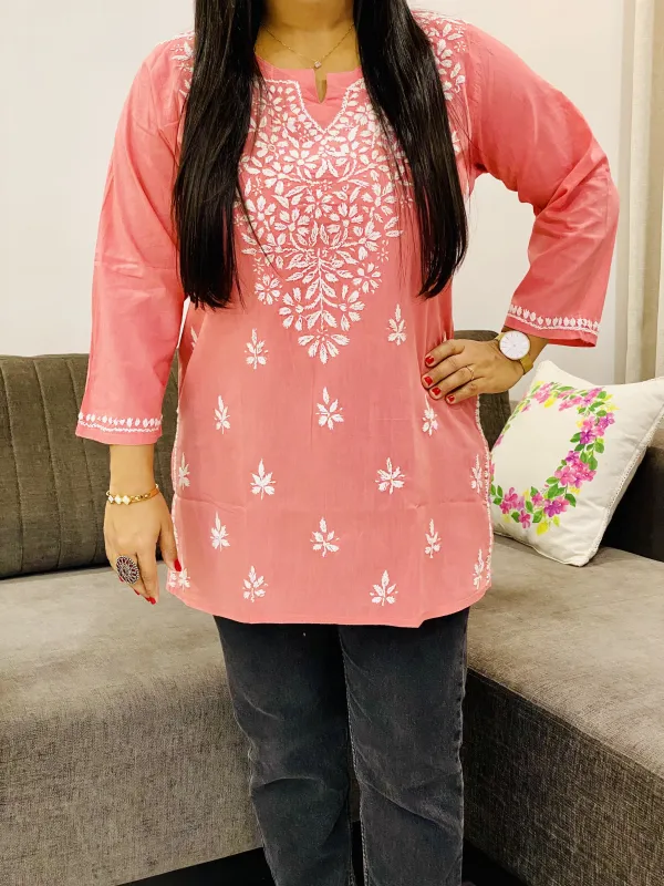 Cotton Chikankari Hand Embroidered Solid Women's Short Kurta