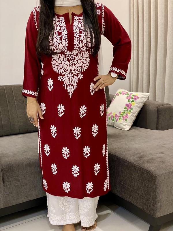 Rayon Chikankari Handwork Women's Solid Long Straight Kurta