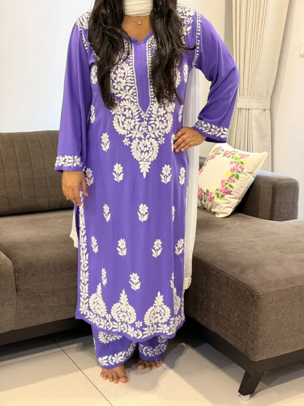 Lavender Sangriya Rayon Chikankari Handwork women kurta palazzo set