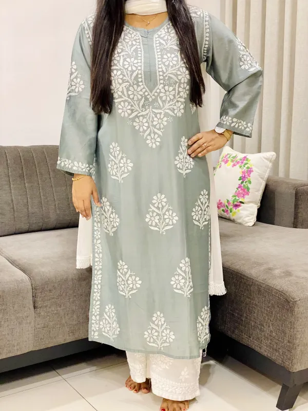 Premium Chanderi Chikankari Hand Embroidered Women's Solid Long Kurta