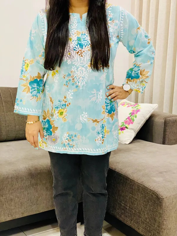 Mint Blue Nisha Mulmul Chikankari Hand Embroidered Women's Floral Short kurta