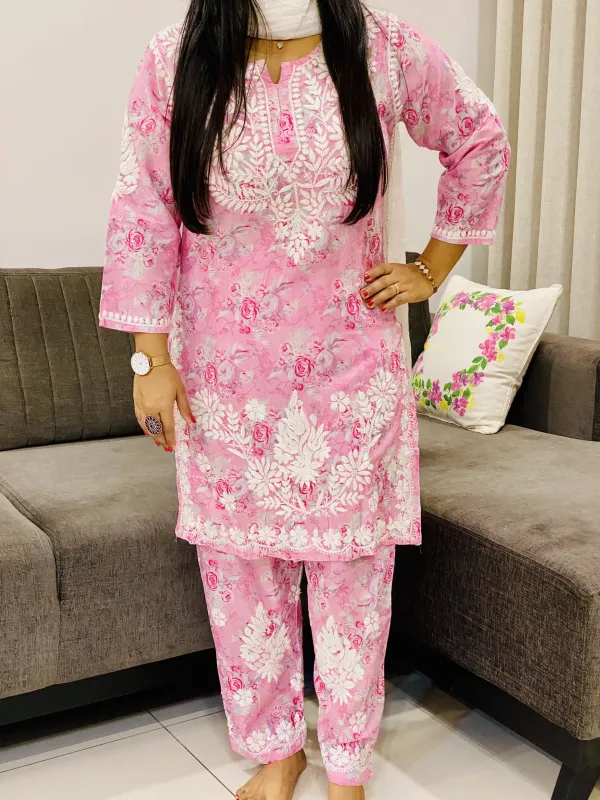 Mulmul Chikankari Hand Embroidered Floral Women's co-ord set