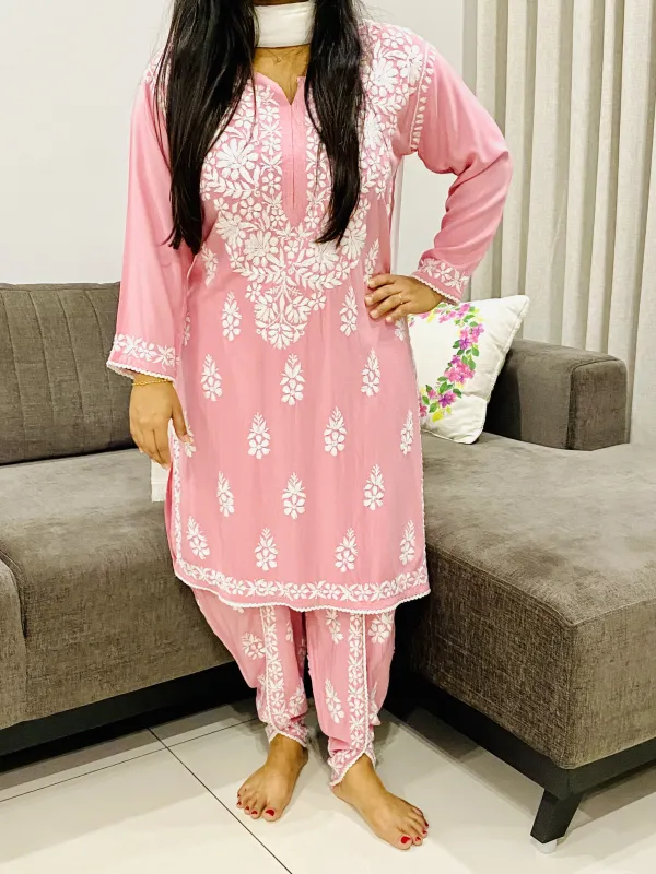 Baby Pink Sangria Premium Rayon Chikankari Hand Embroidered Solid Women's Kurta-Dhoti Set