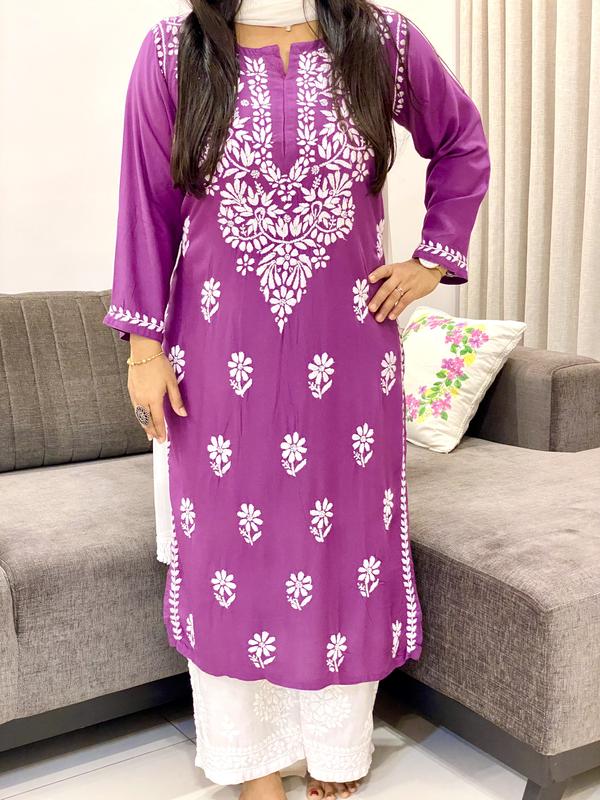 Rayon Chikankari Handwork Women's Solid Long Straight Kurta