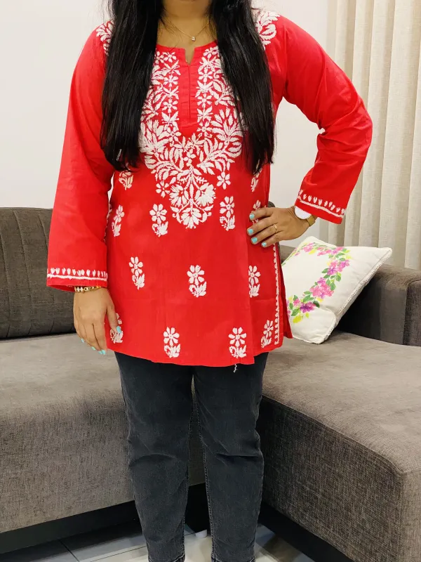 Cotton Chikankari Hand embroidered Women's Short Kurta